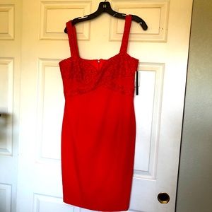 David Meister Red Sleeveless Lace-Trim Sheath Dress